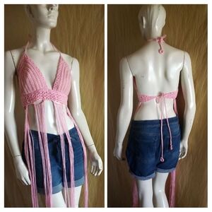 Handmade Pink Crochet Fringe Halter Top